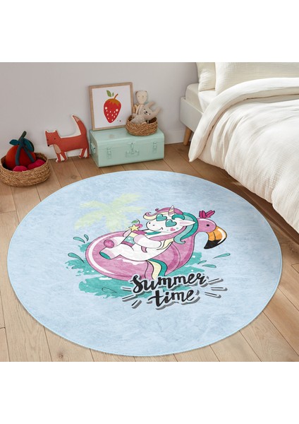 Mavi Zemin Flamingo Unicorn Temalı Çocuk & Genç Odası Makinede Yıkanabilir Kaymaz Tabanlı Yuvarlak Çocuk Halısı indirimleri