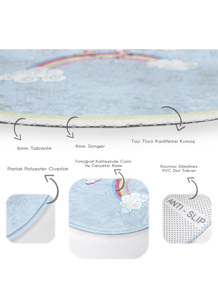Mavi Zeminde Unicorn At Desenli Çocuk & Genç Odası Makinede Yıkanabilir Kaymaz Tabanlı Yuvarlak Çocuk Halısı