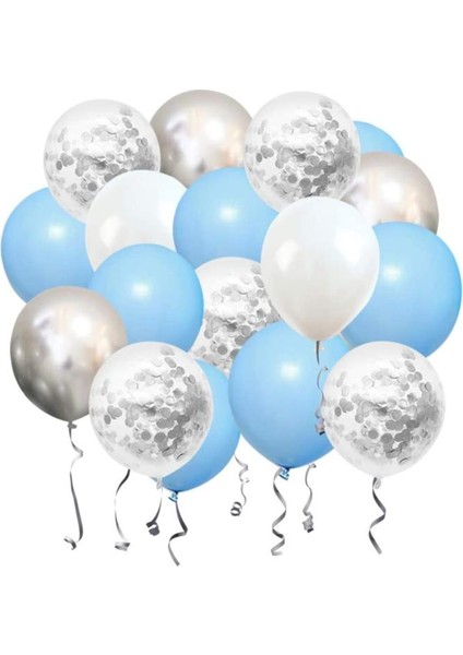 15 Li Gümüş Konfetili 5 Şeffaf Balon 5 Makaron Mavi 5 Metalik Gri Balon Seti