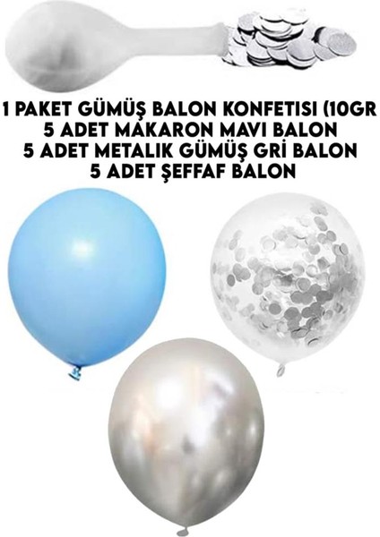 15 Li Gümüş Konfetili 5 Şeffaf Balon 5 Makaron Mavi 5 Metalik Gri Balon Seti