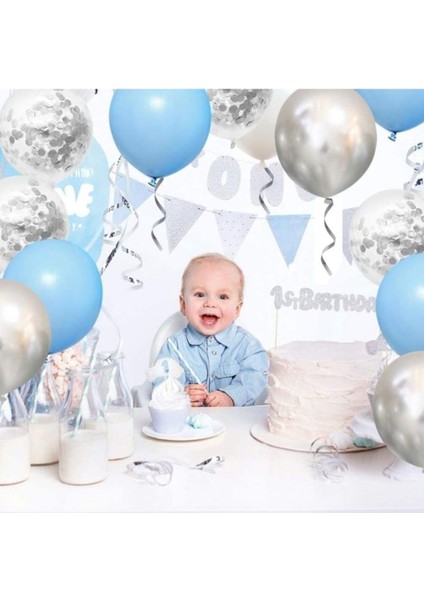 15 Li Gümüş Konfetili 5 Şeffaf Balon 5 Makaron Mavi 5 Metalik Gri Balon Seti