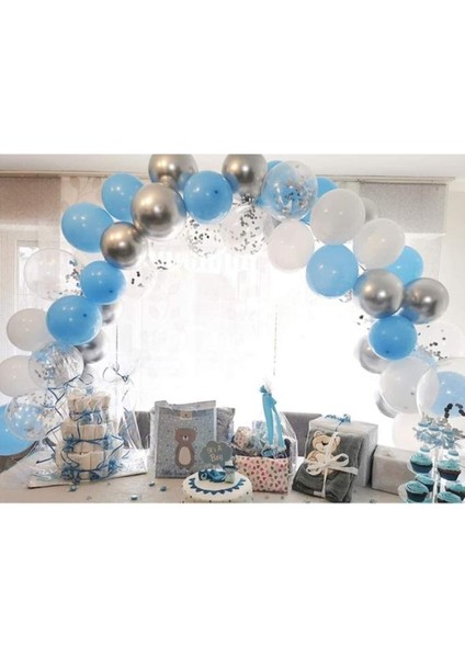 15 Li Gümüş Konfetili 5 Şeffaf Balon 5 Makaron Mavi 5 Metalik Gri Balon Seti