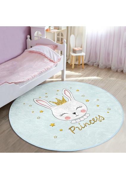 Princess Tavşan Desenli Çocuk & Genç Odası Makinede Yıkanabilir Kaymaz Tabanlı Yuvarlak Çocuk Halısı