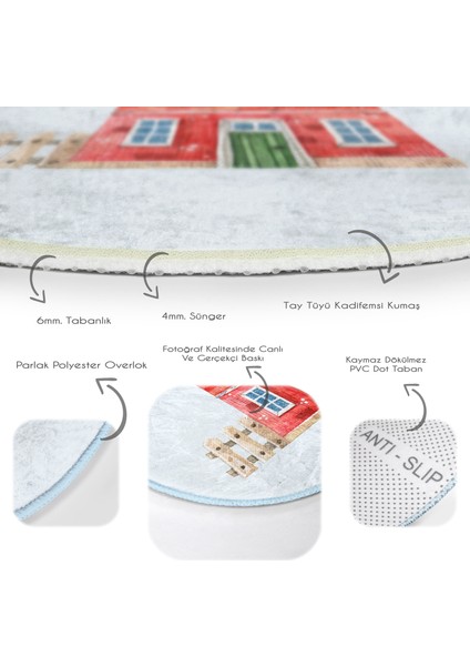Minyatür Kırmızı Ev Çizimli Çocuk & Genç Odası Makinede Yıkanabilir Kaymaz Tabanlı Yuvarlak Çocuk Halısı