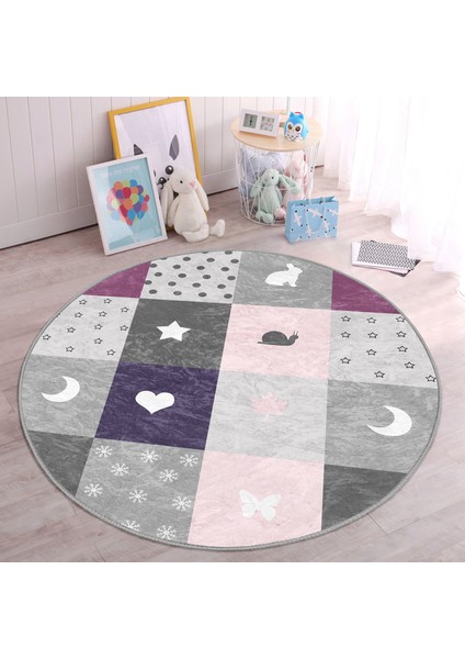 Renkli Kareler Geometrik Motifli Çocuk & Genç Odası Makinede Yıkanabilir Kaymaz Tabanlı Yuvarlak Çocuk Halısı