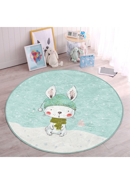 Winter Tavşan Motifli Çocuk & Genç Odası Makinede Yıkanabilir Kaymaz Tabanlı Yuvarlak Çocuk Halısı