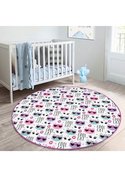 Güneş Gözlüklü Kedi Motifli Çocuk & Genç Odası Makinede Yıkanabilir Kaymaz Tabanlı Yuvarlak Çocuk Halısı