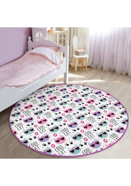 Güneş Gözlüklü Kedi Motifli Çocuk & Genç Odası Makinede Yıkanabilir Kaymaz Tabanlı Yuvarlak Çocuk Halısı fiyatları