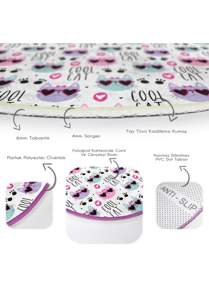 Güneş Gözlüklü Kedi Motifli Çocuk & Genç Odası Makinede Yıkanabilir Kaymaz Tabanlı Yuvarlak Çocuk Halısı fırsatları