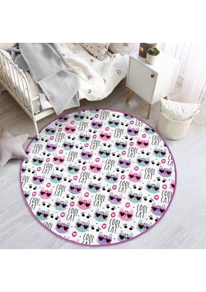 Güneş Gözlüklü Kedi Motifli Çocuk & Genç Odası Makinede Yıkanabilir Kaymaz Tabanlı Yuvarlak Çocuk Halısı indirimleri