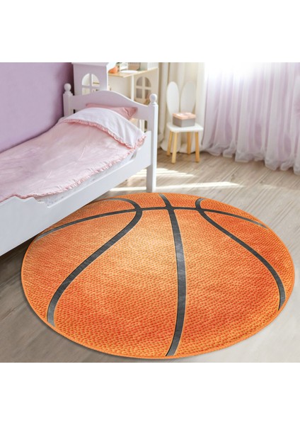 Basketbol Oyun Toplu Tasarımlı Çocuk & Genç Odası Makinede Yıkanabilir Kaymaz Tabanlı Yuvarlak Çocuk Halısı