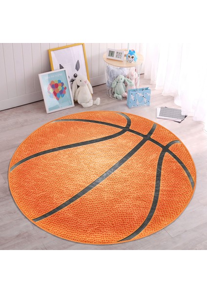 Basketbol Oyun Toplu Tasarımlı Çocuk & Genç Odası Makinede Yıkanabilir Kaymaz Tabanlı Yuvarlak Çocuk Halısı