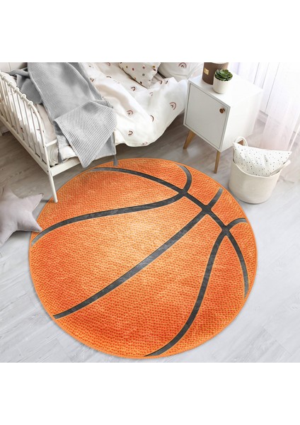 Basketbol Oyun Toplu Tasarımlı Çocuk & Genç Odası Makinede Yıkanabilir Kaymaz Tabanlı Yuvarlak Çocuk Halısı