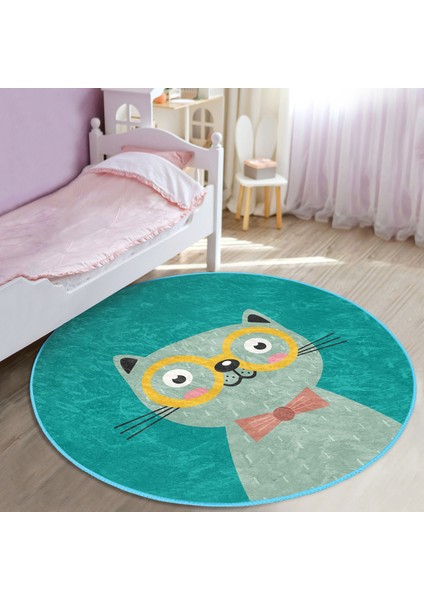 Renkli Kedi Çocuk & Genç Odası Makinede Yıkanabilir Kaymaz Tabanlı Yuvarlak Çocuk Halısı modelleri