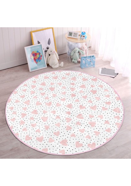 Puanlı Zeminde Pembe Kalpler Çocuk & Genç Odası Makinede Yıkanabilir Kaymaz Tabanlı Yuvarlak Çocuk Halısı