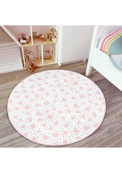 Puanlı Zeminde Pembe Kalpler Çocuk & Genç Odası Makinede Yıkanabilir Kaymaz Tabanlı Yuvarlak Çocuk Halısı indirimleri
