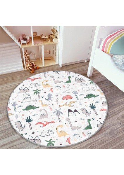 Bebek Desenli Sevimli Dinozorlar Çocuk & Genç Odası Makinede Yıkanabilir Kaymaz Tabanlı Yuvarlak Çocuk Halısı