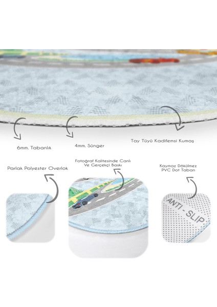 Yarış Arabası Figürlü Çocuk Desenli Çocuk & Genç Odası Makinede Yıkanabilir Kaymaz Tabanlı Yuvarlak Çocuk Halısı
