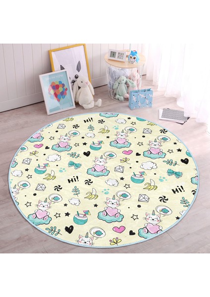 Kalpli Kedi Motifli Çocuk & Genç Odası Makinede Yıkanabilir Kaymaz Tabanlı Yuvarlak Çocuk Halısı