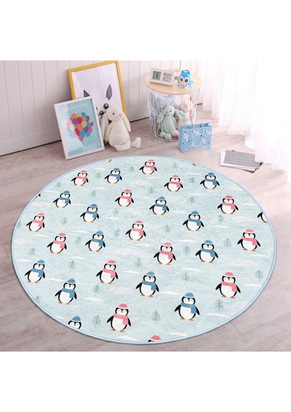 Atkılı Penguen Desenli Çocuk & Genç Odası Makinede Yıkanabilir Kaymaz Tabanlı Yuvarlak Çocuk Halısı