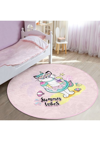 Pembe Zemin Tatil Temalı Sevimli Kedi Desenli Çocuk & Genç Odası Makinede Yıkanabilir Kaymaz Tabanlı Yuvarlak Çocuk Halısı fiyatları