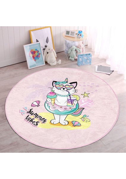 Pembe Zemin Tatil Temalı Sevimli Kedi Desenli Çocuk & Genç Odası Makinede Yıkanabilir Kaymaz Tabanlı Yuvarlak Çocuk Halısı modelleri