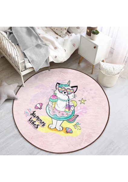 Pembe Zemin Tatil Temalı Sevimli Kedi Desenli Çocuk & Genç Odası Makinede Yıkanabilir Kaymaz Tabanlı Yuvarlak Çocuk Halısı indirimleri