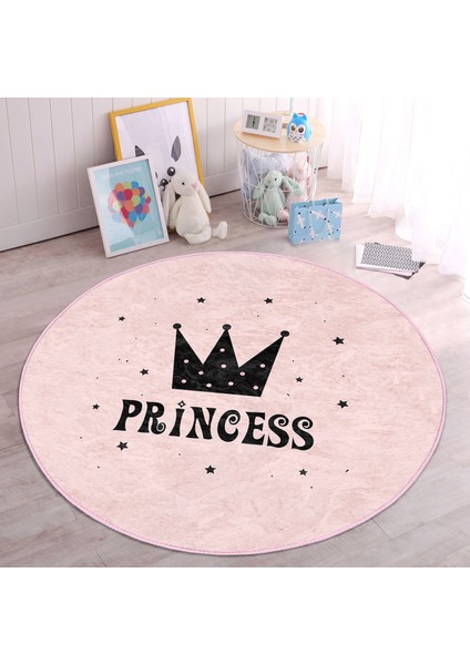 Pembe Zeminli Princess Yazılı Çocuk & Genç Odası Makinede Yıkanabilir Kaymaz Tabanlı Yuvarlak Çocuk Halısı
