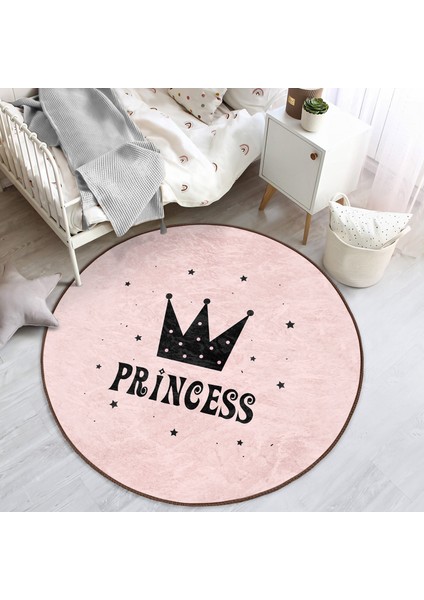 Pembe Zeminli Princess Yazılı Çocuk & Genç Odası Makinede Yıkanabilir Kaymaz Tabanlı Yuvarlak Çocuk Halısı