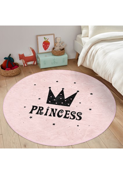 Pembe Zeminli Princess Yazılı Çocuk & Genç Odası Makinede Yıkanabilir Kaymaz Tabanlı Yuvarlak Çocuk Halısı