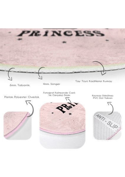 Pembe Zeminli Princess Yazılı Çocuk & Genç Odası Makinede Yıkanabilir Kaymaz Tabanlı Yuvarlak Çocuk Halısı