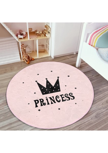Pembe Zeminli Princess Yazılı Çocuk & Genç Odası Makinede Yıkanabilir Kaymaz Tabanlı Yuvarlak Çocuk Halısı