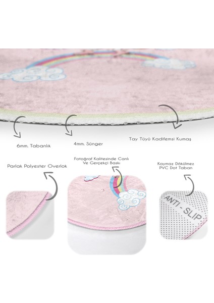 Pembe Zeminde Unicorn At Desenli Çocuk & Genç Odası Makinede Yıkanabilir Kaymaz Tabanlı Yuvarlak Çocuk Halısı