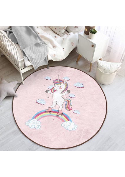 Pembe Zeminde Unicorn At Desenli Çocuk & Genç Odası Makinede Yıkanabilir Kaymaz Tabanlı Yuvarlak Çocuk Halısı