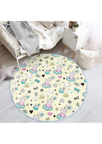 Kalpli Kedi Motifli Çocuk & Genç Odası Makinede Yıkanabilir Kaymaz Tabanlı Yuvarlak Çocuk Halısı fiyatları