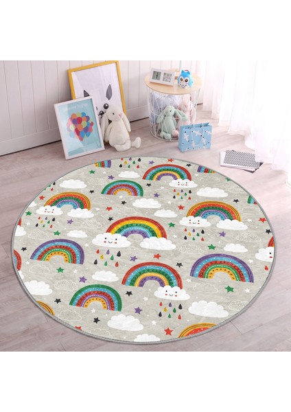 Gökkuşağı ve Bulut Temalı Çocuk & Genç Odası Makinede Yıkanabilir Kaymaz Tabanlı Yuvarlak Çocuk Halısı