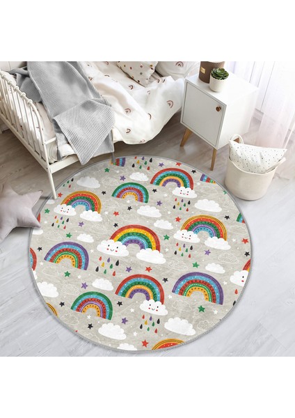 Gökkuşağı ve Bulut Temalı Çocuk & Genç Odası Makinede Yıkanabilir Kaymaz Tabanlı Yuvarlak Çocuk Halısı fiyatları