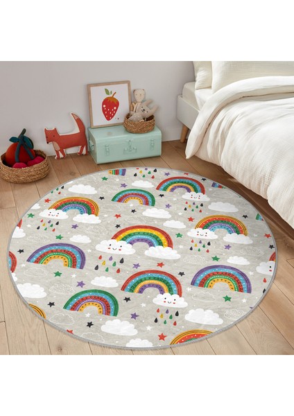 Gökkuşağı ve Bulut Temalı Çocuk & Genç Odası Makinede Yıkanabilir Kaymaz Tabanlı Yuvarlak Çocuk Halısı modelleri