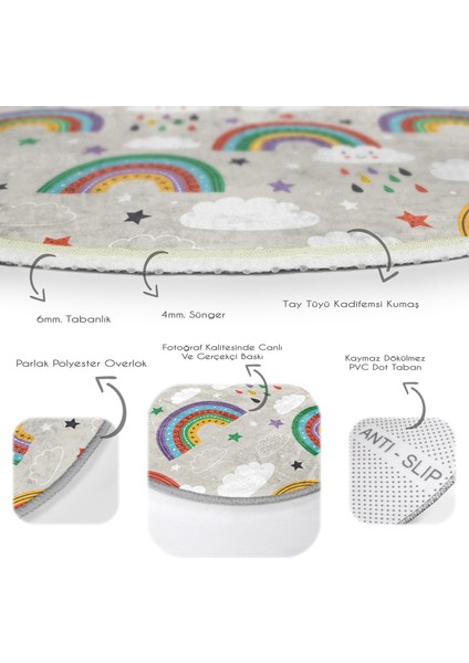 Gökkuşağı ve Bulut Temalı Çocuk & Genç Odası Makinede Yıkanabilir Kaymaz Tabanlı Yuvarlak Çocuk Halısı fırsatları