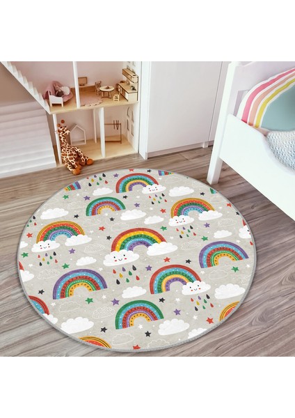Gökkuşağı ve Bulut Temalı Çocuk & Genç Odası Makinede Yıkanabilir Kaymaz Tabanlı Yuvarlak Çocuk Halısı indirimleri