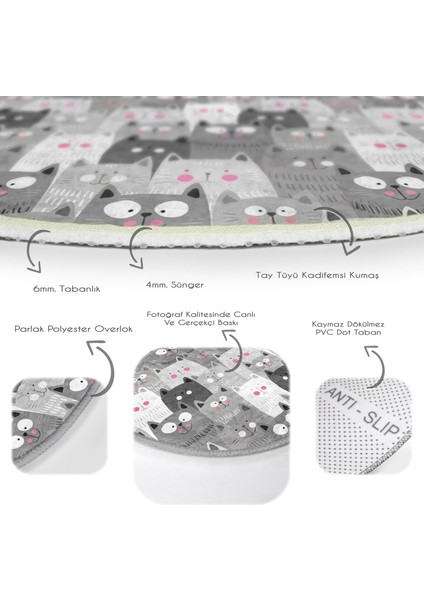 Sevimli Kedi Motifli Çocuk & Genç Odası Makinede Yıkanabilir Kaymaz Tabanlı Yuvarlak Çocuk Halısı