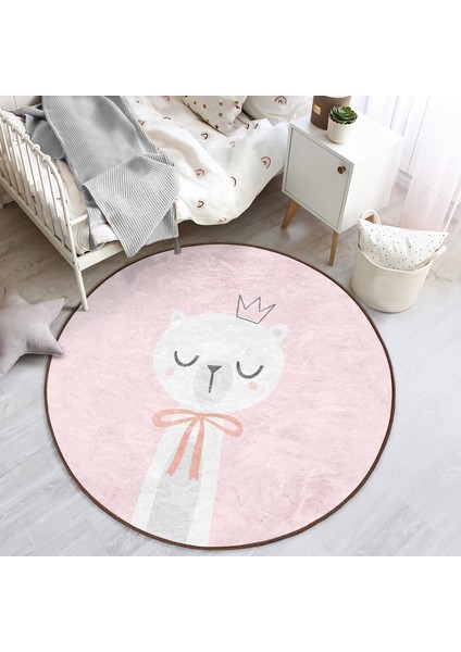 Pembe Zemin Uyuyan Ayıcık Desenli Çocuk & Genç Odası Makinede Yıkanabilir Kaymaz Tabanlı Yuvarlak Çocuk Halısı
