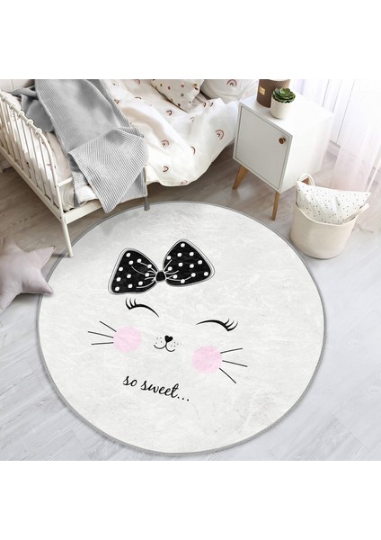 So Sweet Motifli Çizimi Çocuk & Genç Odası Makinede Yıkanabilir Kaymaz Tabanlı Yuvarlak Çocuk Halısı