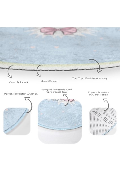 Mavi Zeminde Sevimli Kedicik Çocuk & Genç Odası Makinede Yıkanabilir Kaymaz Tabanlı Yuvarlak Çocuk Halısı