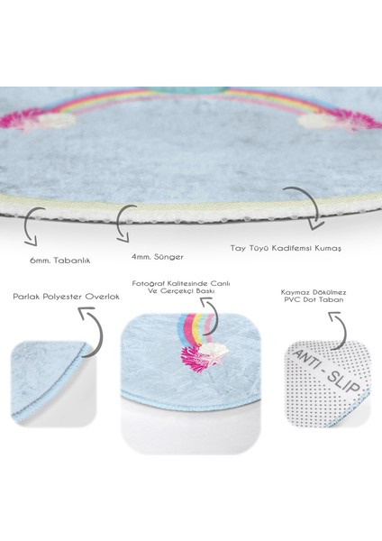Mavi Zeminde Denizkızı Desenli Çocuk & Genç Odası Makinede Yıkanabilir Kaymaz Tabanlı Yuvarlak Çocuk Halısı