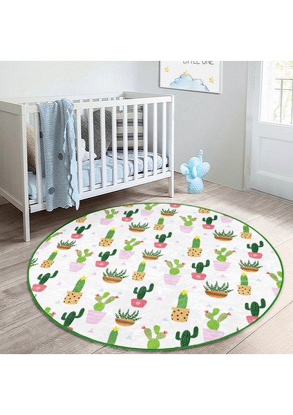 Minik Kaktüs Tasarımlı Floral Çocuk & Genç Odası Makinede Yıkanabilir Kaymaz Tabanlı Yuvarlak Kadife Halı