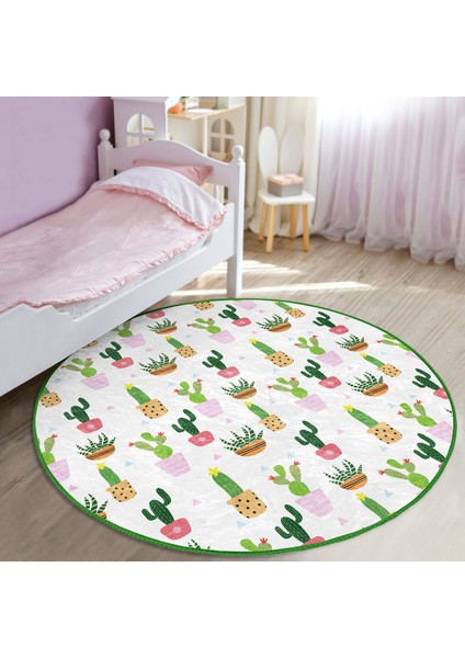 Minik Kaktüs Tasarımlı Floral Çocuk & Genç Odası Makinede Yıkanabilir Kaymaz Tabanlı Yuvarlak Kadife Halı