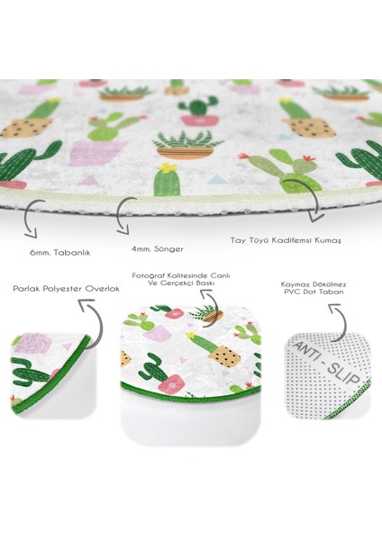 Minik Kaktüs Tasarımlı Floral Çocuk & Genç Odası Makinede Yıkanabilir Kaymaz Tabanlı Yuvarlak Kadife Halı