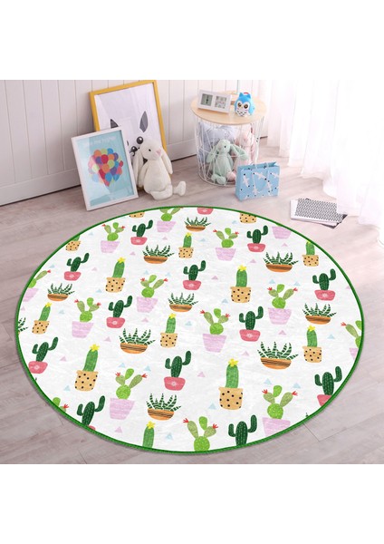Minik Kaktüs Tasarımlı Floral Çocuk & Genç Odası Makinede Yıkanabilir Kaymaz Tabanlı Yuvarlak Kadife Halı