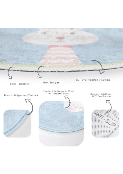 Mavi Zemin Sevimli Tavşan ve Leylek Desenli Çocuk & Genç Odası Makinede Yıkanabilir Kaymaz Tabanlı Yuvarlak Çocuk Halısı